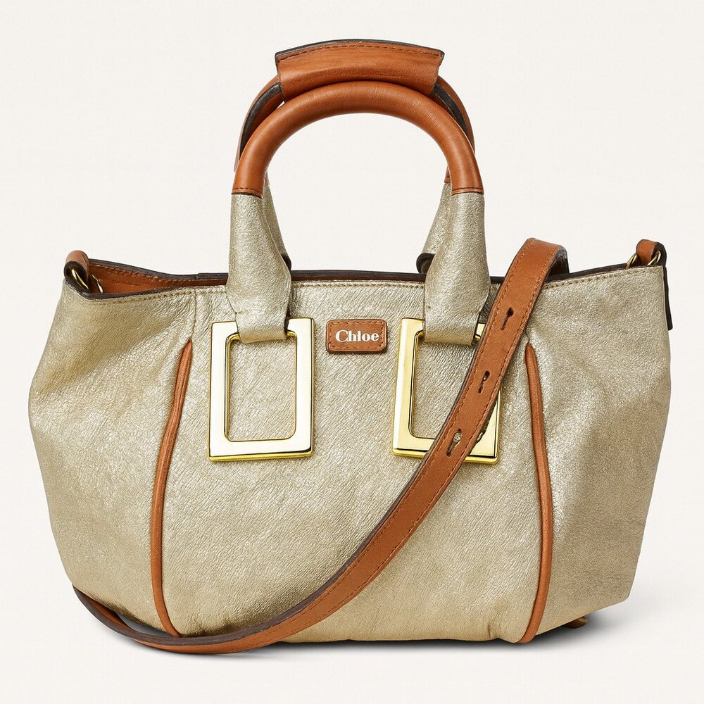 Chloe Ethel Medium Satchel Bag – Metallic Gold / Cognac Trim
